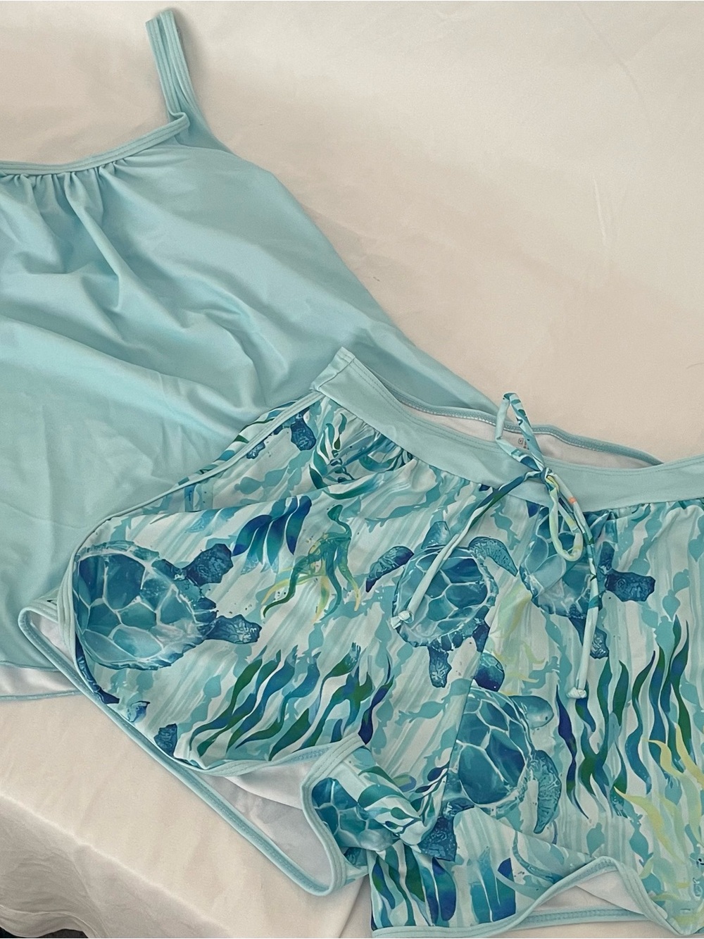 Light Aqua Women’s Tankini Top with Turtle-Print Swim Shorts